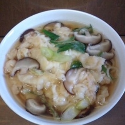野菜天、しめじ→椎茸で作りました♪めんつゆでラーメン、初めてでしたが、美味しかったです。和風味もいいですネ！ごちそうさまでした＾＾/